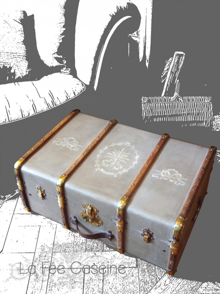 Malle cintrée peinte en French Linen avec motifs Old White - Création La Fée Caséine